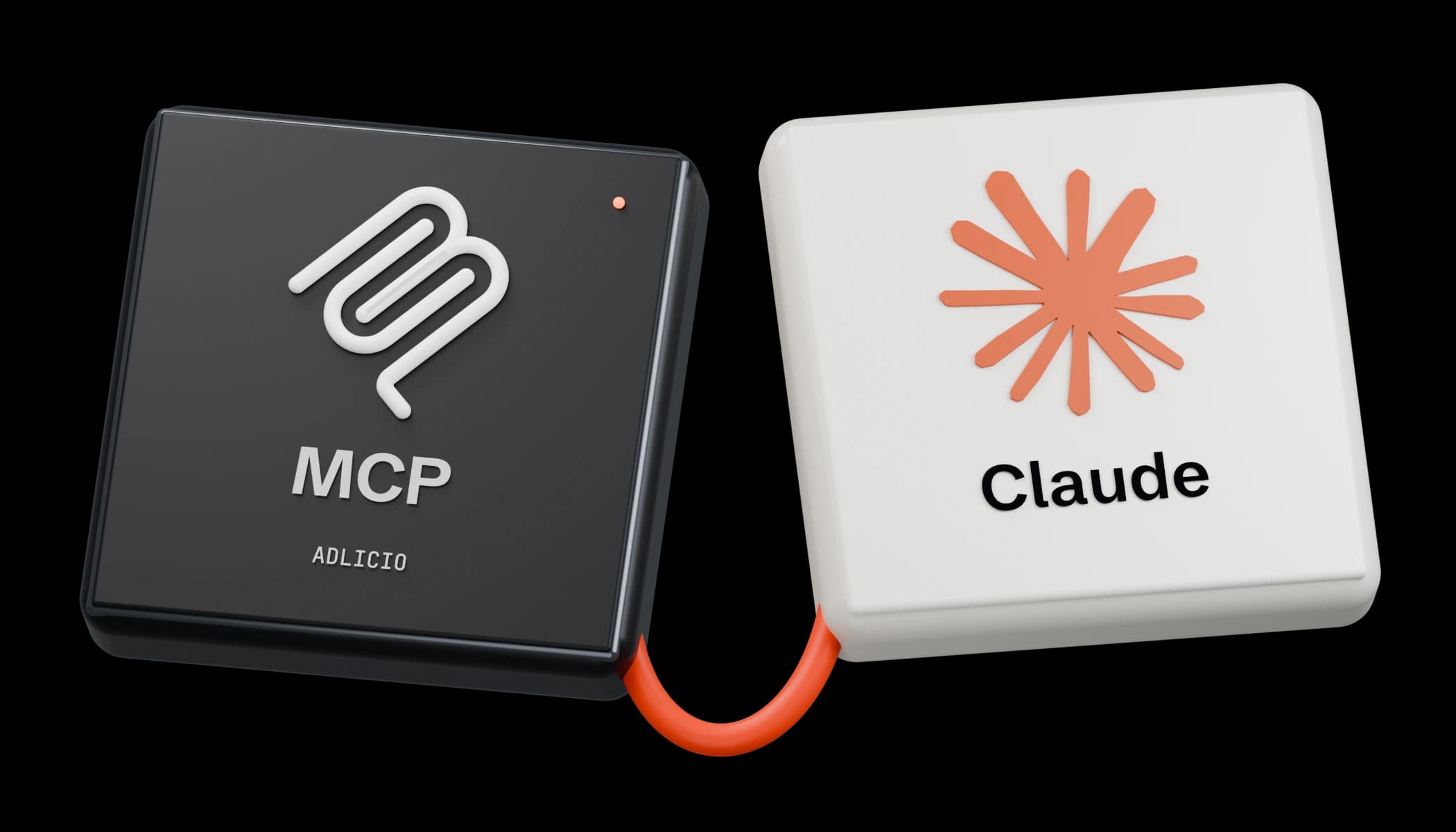 Adlicio MCP and Claude, two physical blocks linked by an orange cable