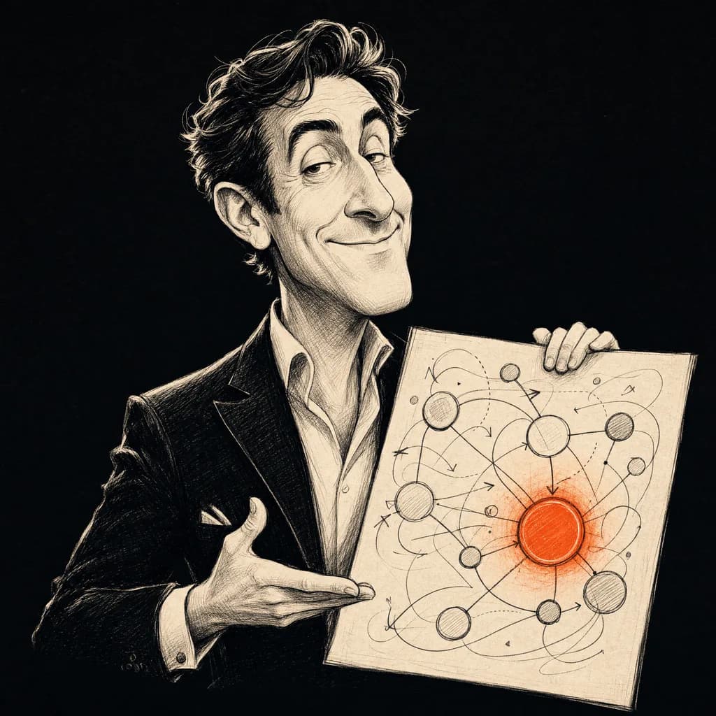 Ink caricature of an agency strategist in a blazer presenting a hand-drawn strategy board
