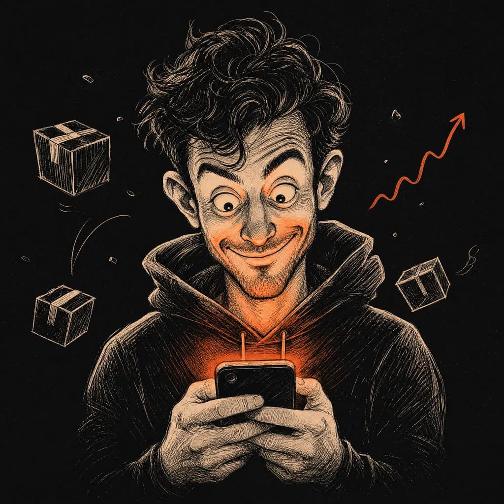 Ink caricature of a DTC founder grinning at a glowing phone, shipping boxes and a rising arrow floating around them