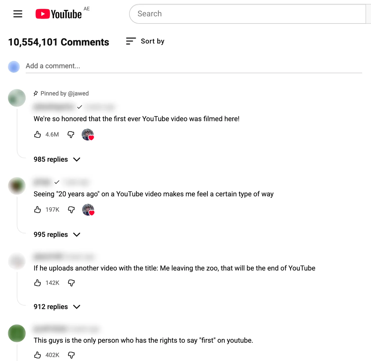 A YouTube comment thread with like counts, identities blurred. Engagement counts are a ranking signal for hooks.